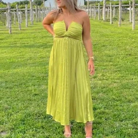 Pink Cut Out Ruched Halter neck pleated Satin midi Dress- straps can criss cross - Picture 9 of 14